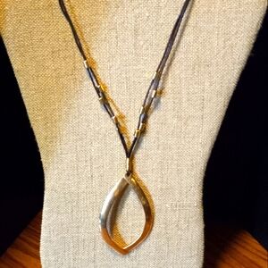 Gold Tone on Leather Hammered Gold Tone Pendant Necklace